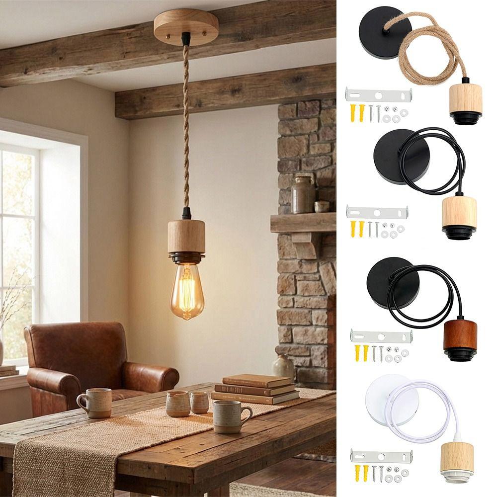 Vintage Solid Wood E27 Lamp Holder Hanging DIY Accessories Pendant Lamp Screw Socket Adjustable Wire Lampshade Base