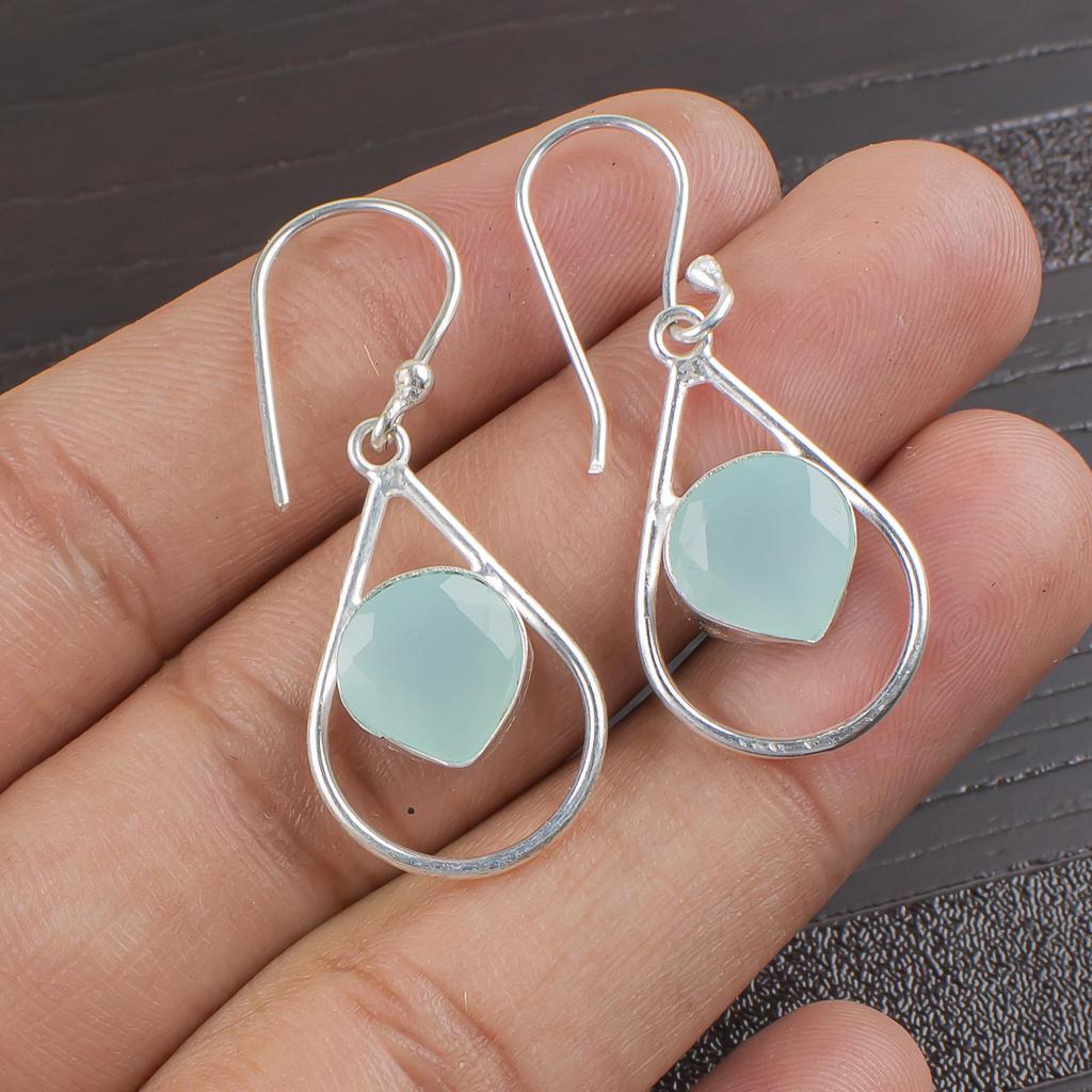 Aqua Chalcedony Silver Gemstone Jewelry, 925 Sterling Silver Earrings, Handmade Everyday Jewelry For Women