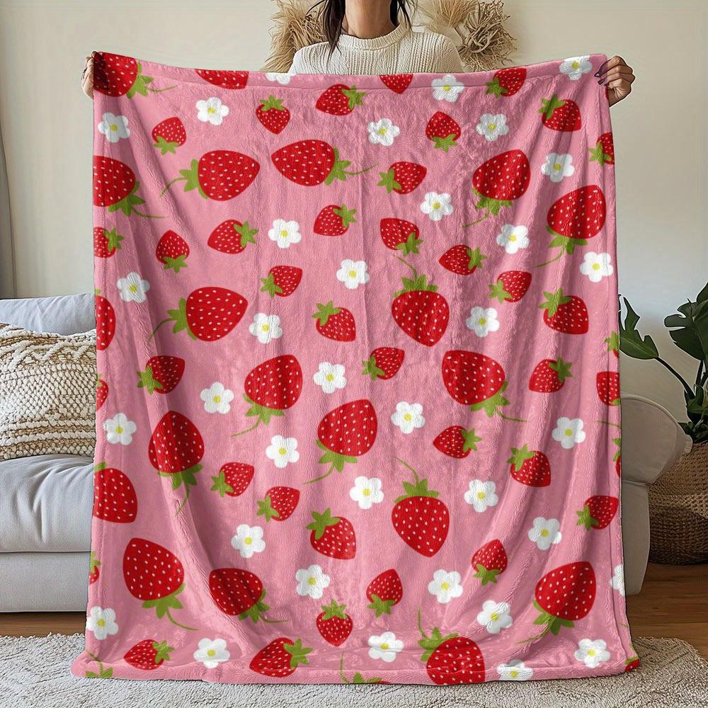 Cute Pink Strawberry Floral Flannel Throw Blanket Soft Plush Blanket for Sofa Bed Home Decor Sweet Fruit Flower