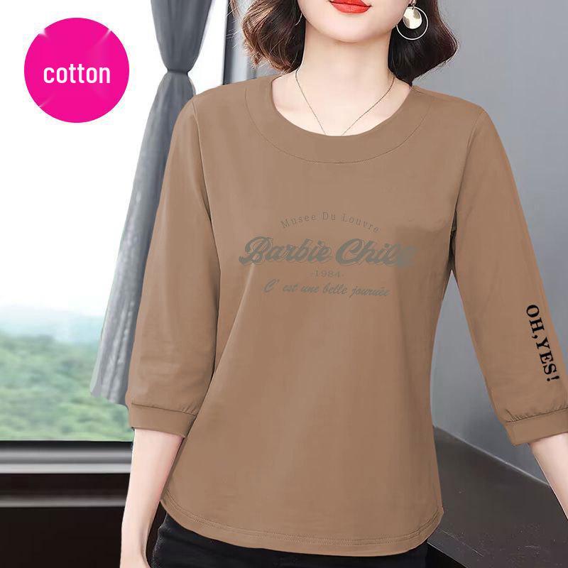 High-End Women's Cotton Seven-Sleeve Slimming Top - Summer 2025 Korean Style, Casual, Loose, Belly Cover, Versatile.