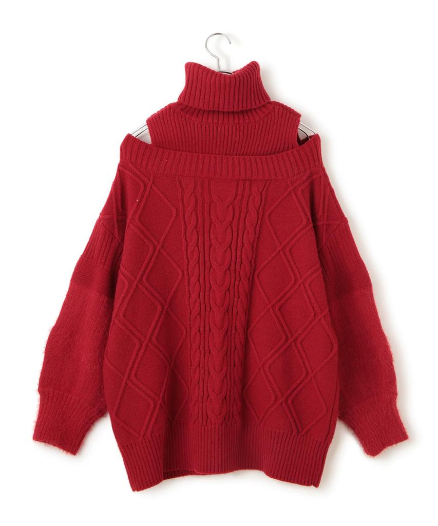 Washable Cable Knit Red F [BIS] Off-the-Shoulder Dress, Women's, BVE44140, (Size 60),