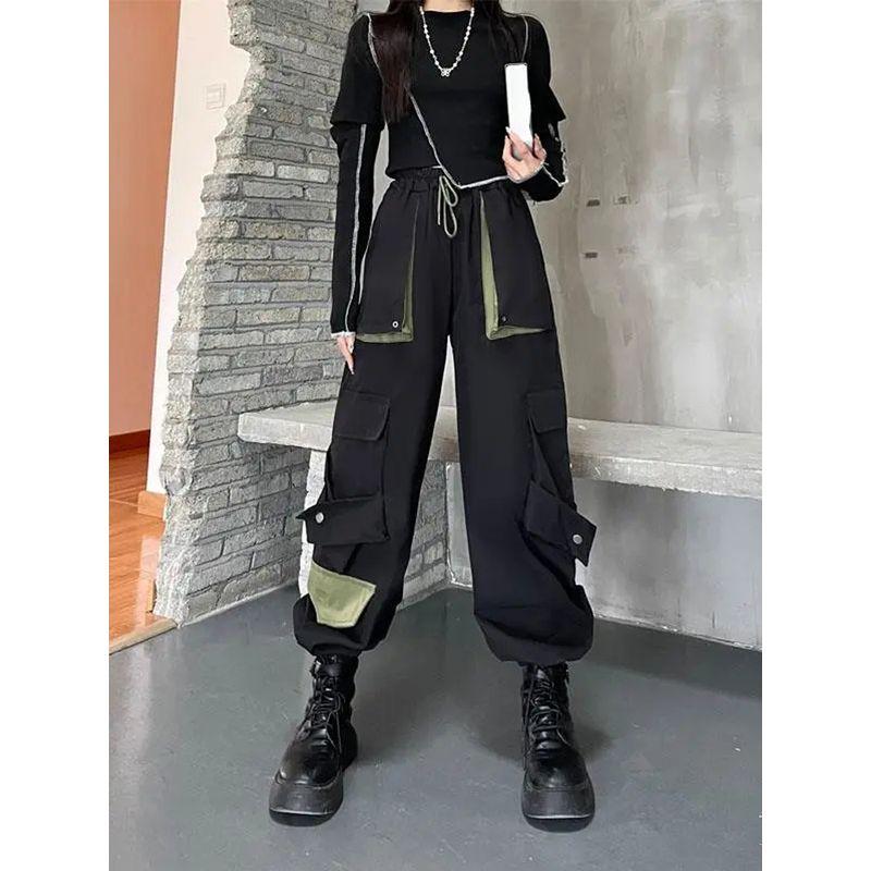 

High Waist Pocket Slim Overalls Trousers High Waist Pocket Cargo Pants Pants Black L