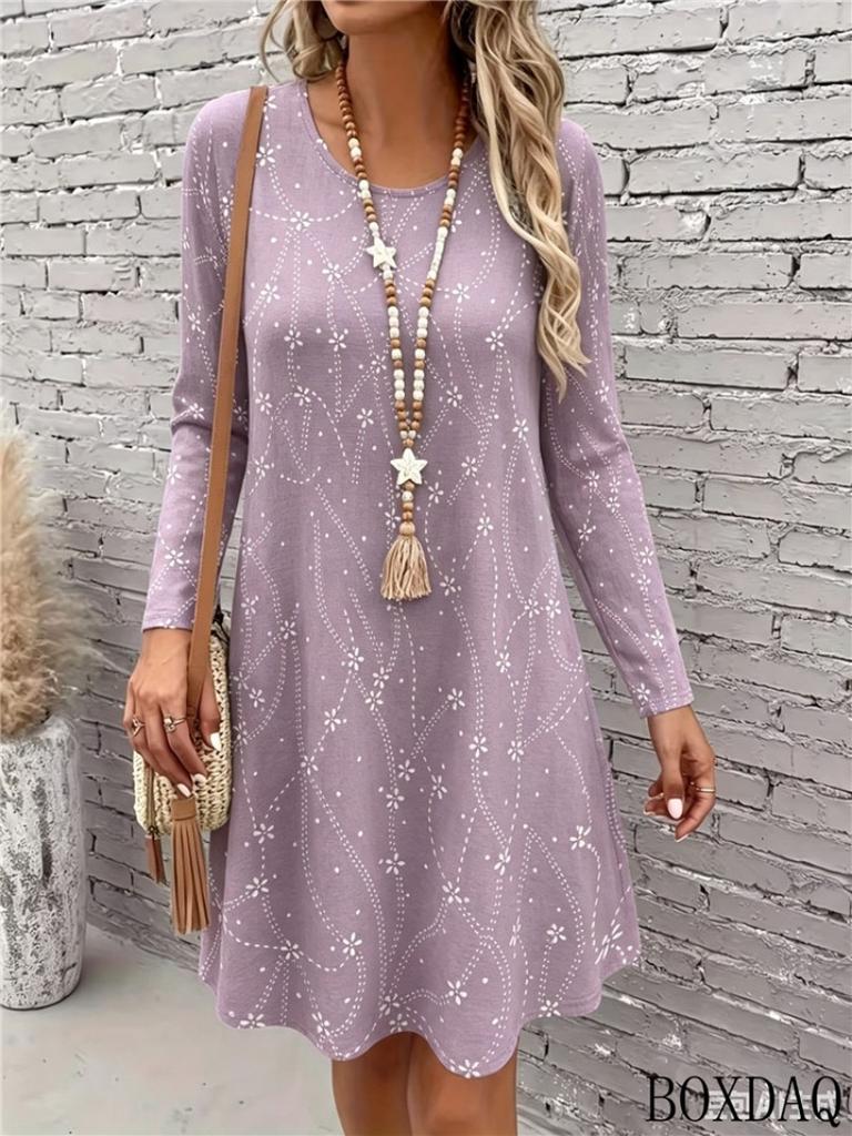 Spring And Autumn Women's Dresses Casual Round Neck Long Sleeve Wolf And Tiger Pattern Printed Loose Dress