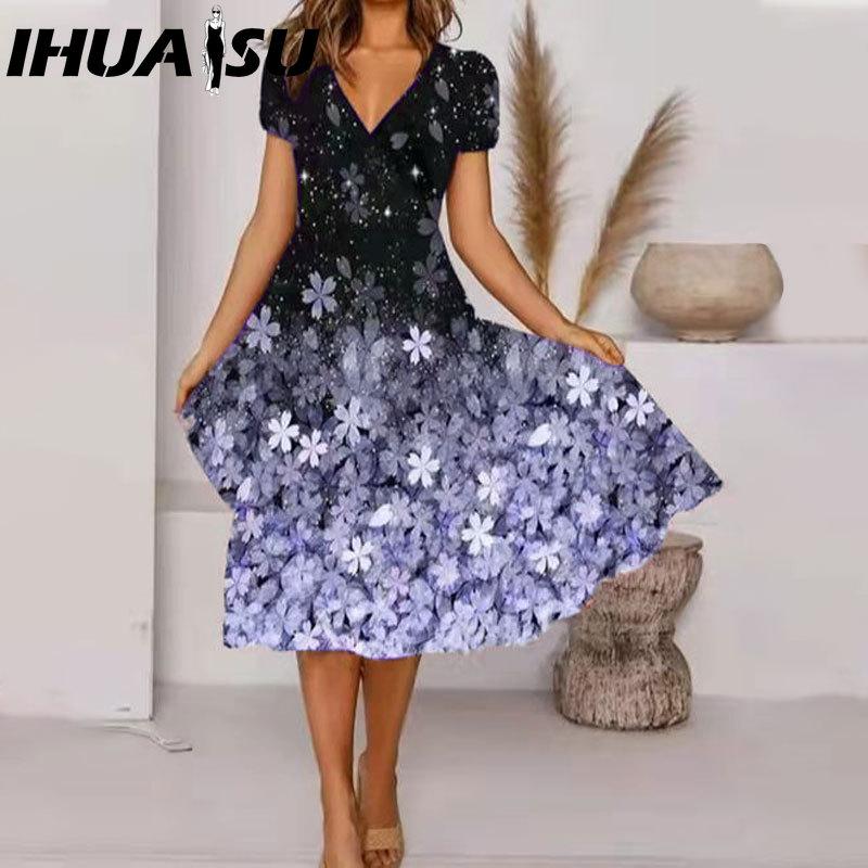 IHUASU Vestido midi de talla grande con escote en V, manga corta, dobladillo alto, informal, estampado floral colorido