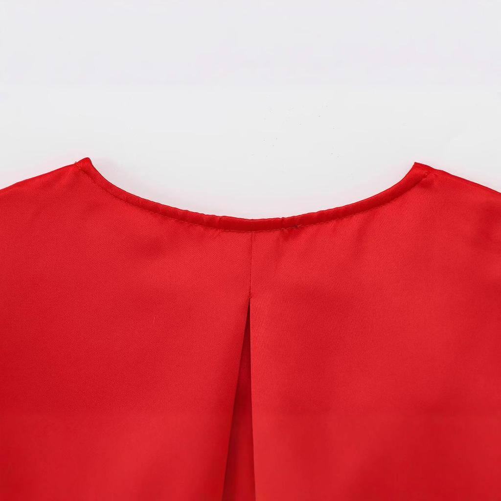 2025 Spring European & American Style Women's Satin Puff Sleeve Bow Top