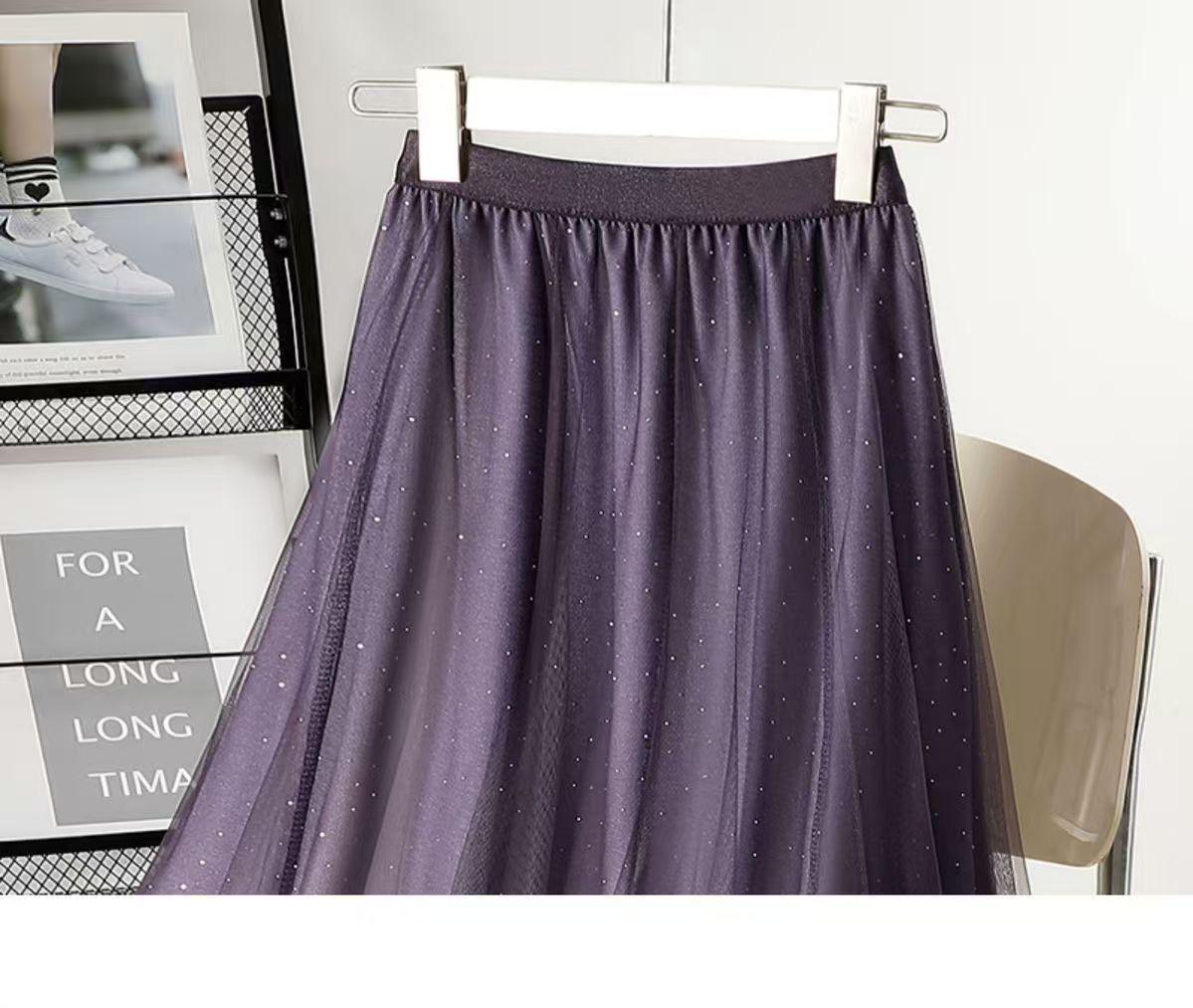 2025 Women s Starry Sky Sequin Gradient Mesh Skirt - High Waist, Mid-Length, Large Hem for Autumn/Winter Extra Extra Large фиолетовый