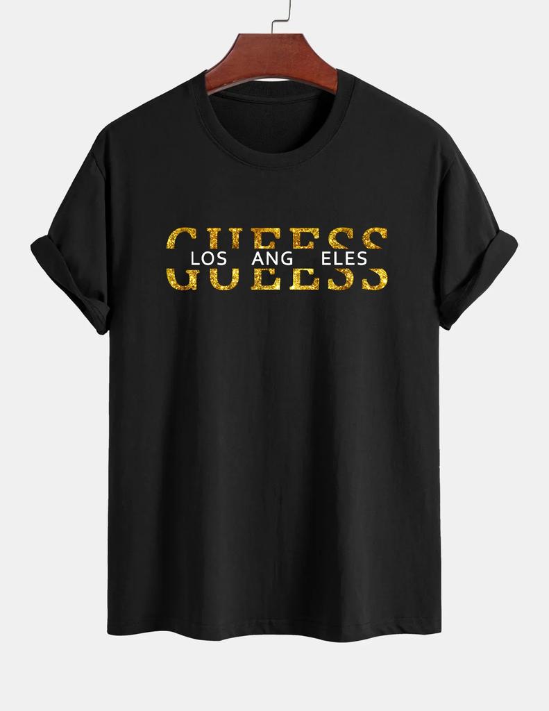 2025 Summer Men's T-shirt 100% Pure Cotton Casual Loose Fashion GUESS Los Angeles Letter Harajuku Print Short-sleeved T-shirt To