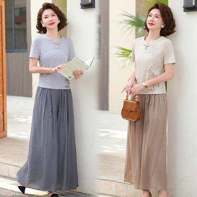Mom's 2026 Summer Set: Short-Sleeve T-Shirt & Wide-Leg Pants for Middle-Aged and Elderly Women