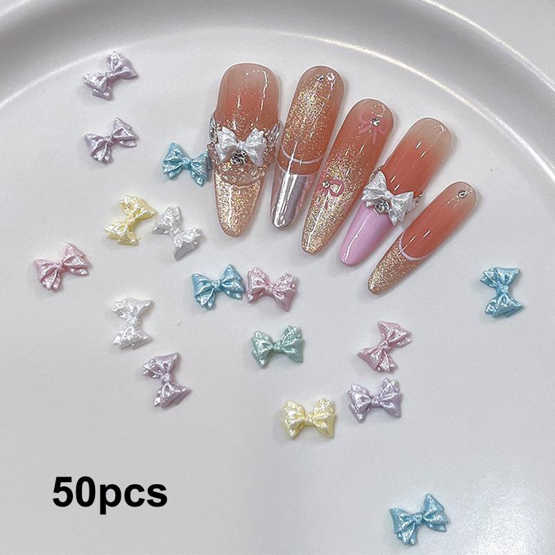 50Pcs Pearlescent 3D Nail Art Bow Charm For Nails Decoration Design Kawaii Manicure Accessories Bow-Knot Diy Craft Supplies