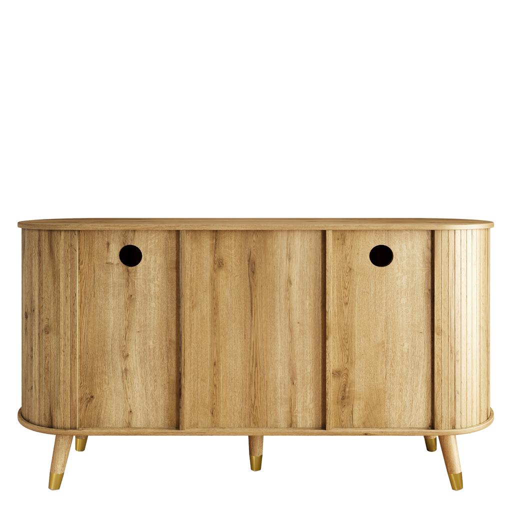 Sideboard mit vertikaler Maserung, zwei Schiebetüren, zwei Schubladen, Beine aus Massivholz und Eckschrank mit abgerundeten Ecken für das Wohnzimmer.