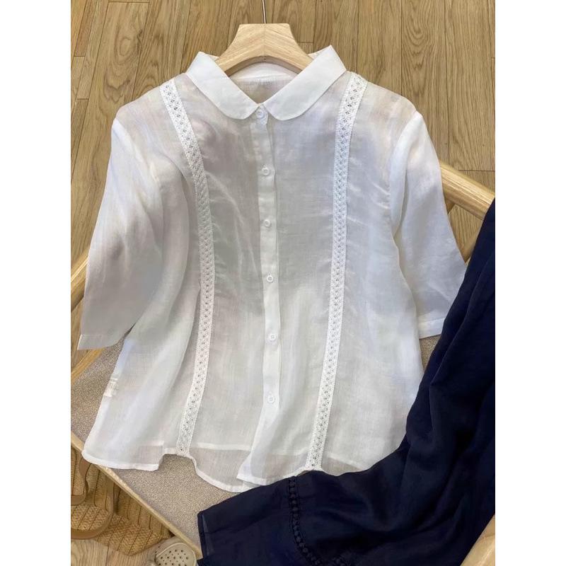 

Women s Retro Short-Sleeve Solid Color Lapel Top - Summer Lightweight Artistic Design Double Extra Large білий