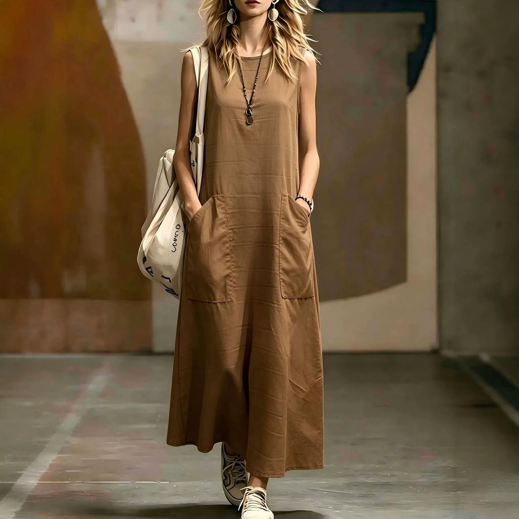 Women Sleeveless Maxi Dress Casual Loose Fit with Big Side Pockets Summer Dress