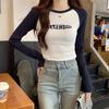 Women Autumn Winter Raglan Sleeve T Shirt American Style Contrast Stitching Hot Girl Cropped Short Top