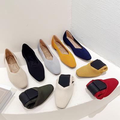 Shoes Single Shoes Women'S Small Square Head Flat Bottom Shallow Mouth Fly Weaving Flat Bottom Weaving Shoes One Pedal Doudou Shoes