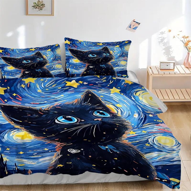 3pcs Starry Night Kitten Printed Quilt Set - Soft and Comfortable Quilt Cover for Bedroom, Guest Room and Dormitory Decorative Bedding Set 1