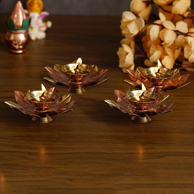 Golden Lotus Flower Shape Decorative Brass Diya for Diwali Pooja (4, Golden Lotus Flower)
