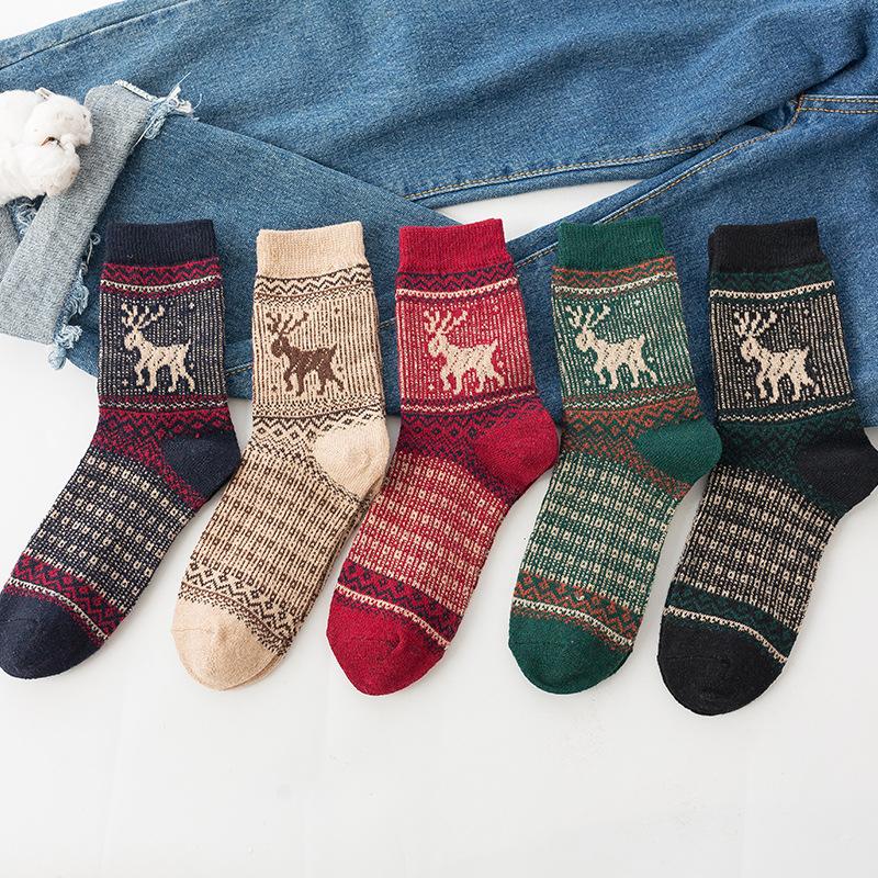 5 Pairs of New Christmas Reindeer Rabbit Wool Mid Calf Socks for Women In Autumn and Winter