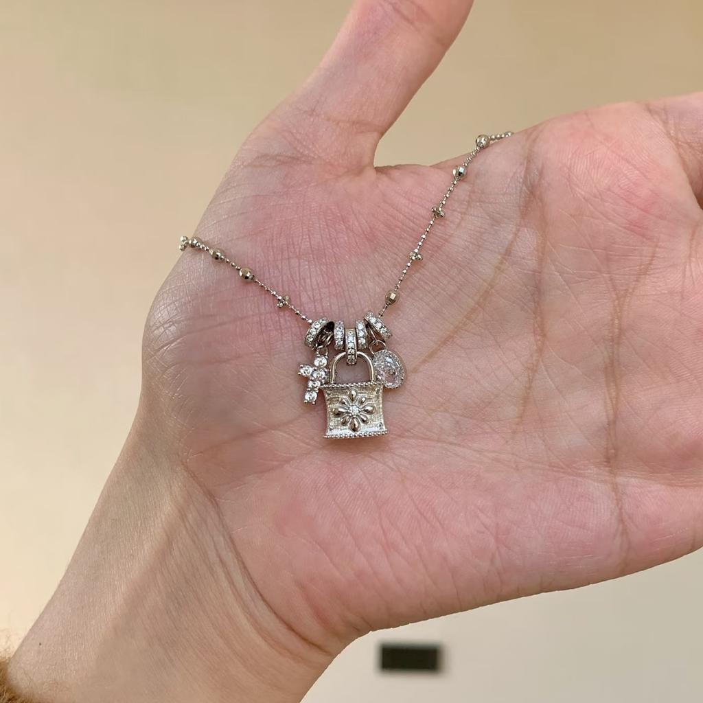 Cross Lock Bag Necklace Femininity Full of Zircon Design Antique Clavicle Chain