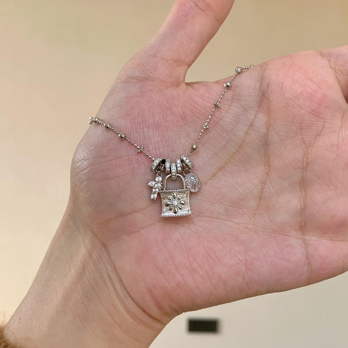 

Cross Lock Bag Necklace Femininity Full of Zircon Design Antique Clavicle Chain