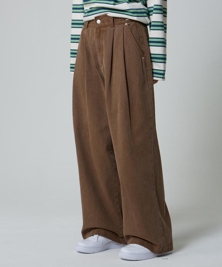Unknown Planet Side-Belted Double-Pleat Wide Chino Pants Brown