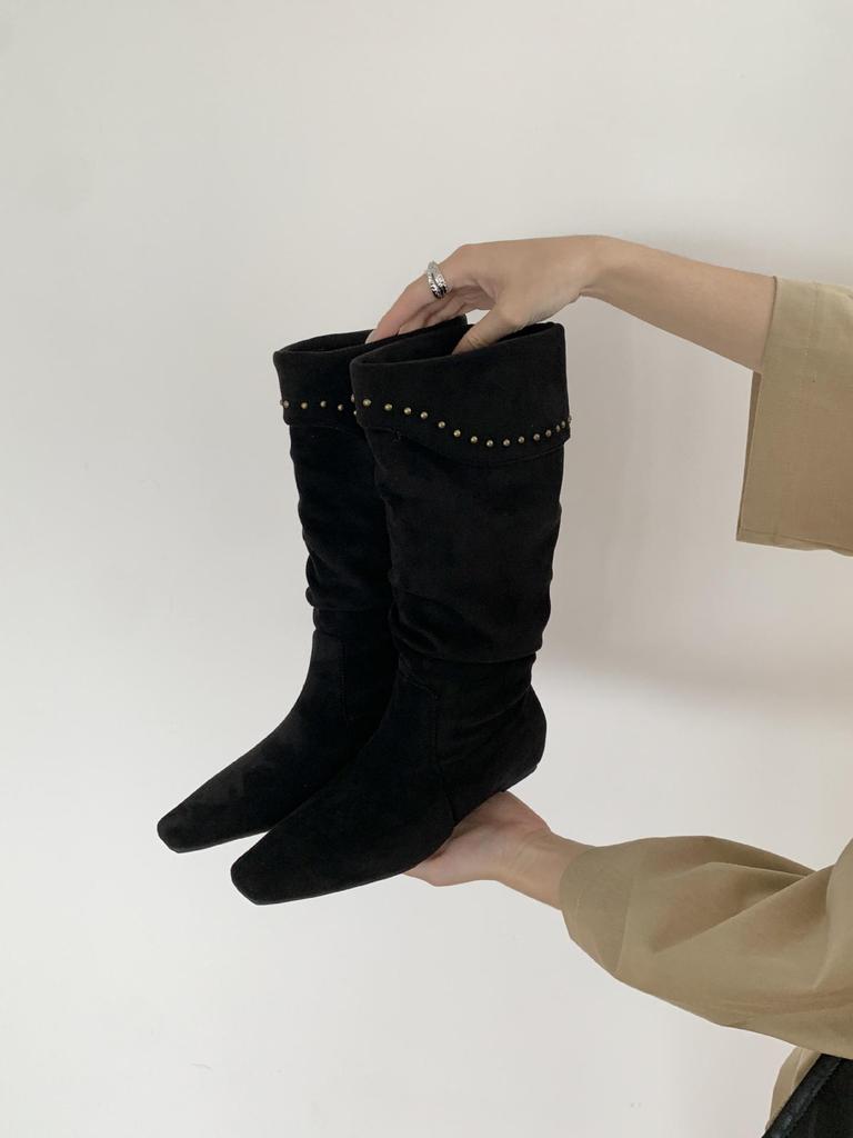 Lammleder Französische Nische Spitz Zehen Keilabsatz Slouch Cowboy Stiefel Damen 2025 Hohe Stiefeletten