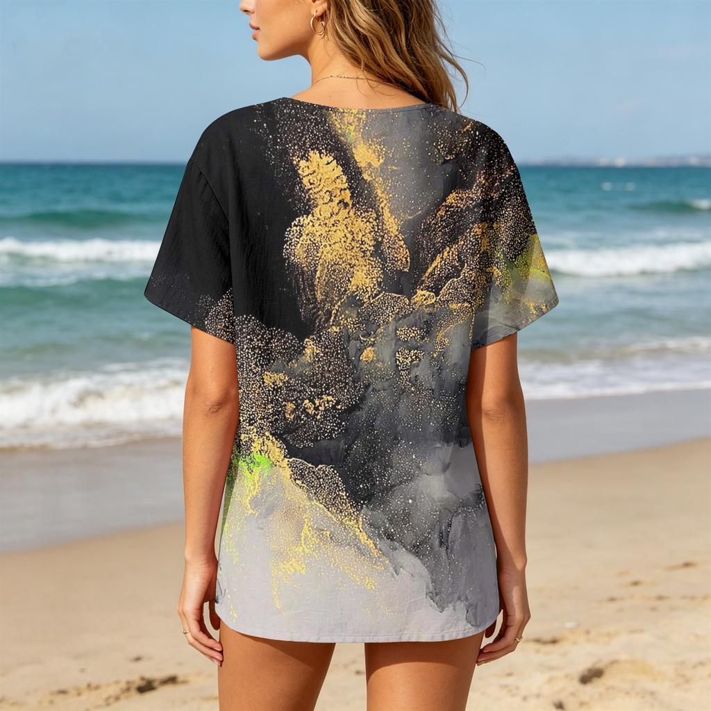 Women's Short Sleeve Henley Neck Shirt with Chest Pocket Lightweight Cotton Linen Fabric Printed Pattern Casual Top for Everyday Wear