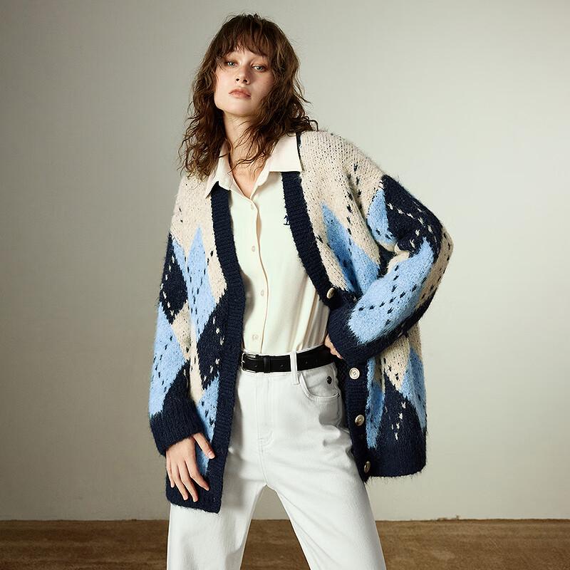 Chuyu Damen Strickjacke mit V-Ausschnitt und nordischem Farbblockmuster aus Wollmischung