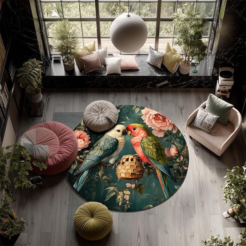Flower Parrot,Round Area Rug,Carpet Rug for Living Room Bedroom Sofa Playroom Decor,Non-slip Floor Mat