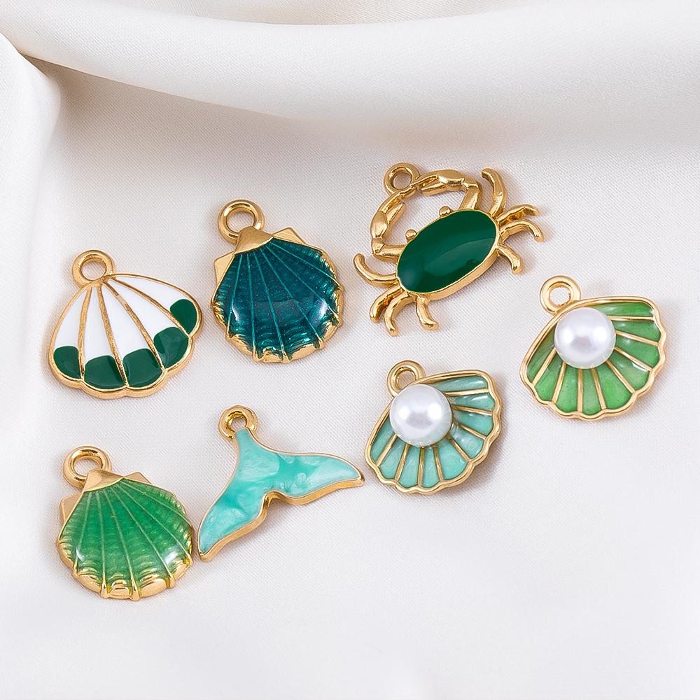 10pcs Cute Green Purple Pink Enamel Ocean Crab Conch Fishtail Heart Charms Alloy Pendants DIY Necklace Bracelet Jewelry Findings