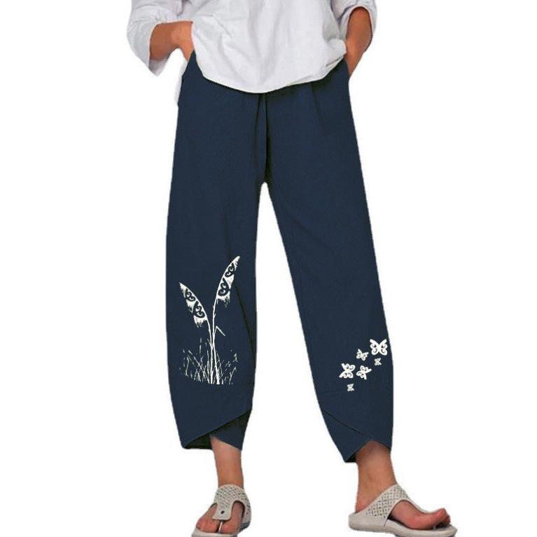 Women's Cotton Linen Elastic Waist Print Wide-Leg Pants - Loose Casual Nine-Point Style