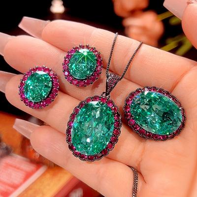 Gioielli Fondo Rame Placcato Oro Imitazione Verde Para Nero Oro Set Premium a Forma di Uovo da Donna Pietra 15 * 20