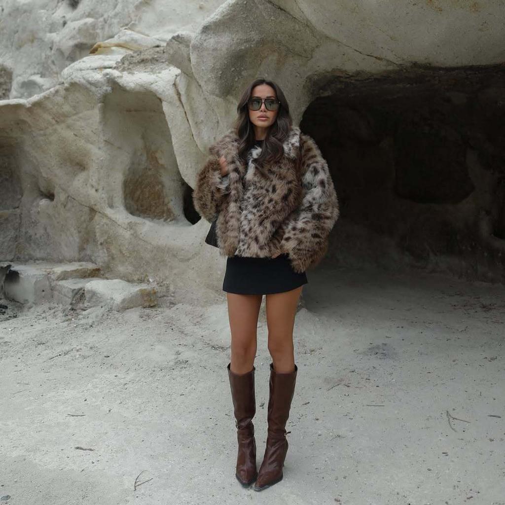 2025 cross-border Europe, America, autumn and winter Amazon's new leopard print woolen jacket women's warm fur collar trend
