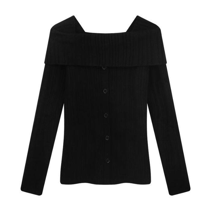 

Женский осенний милый облегающий вязаный топ с квадратным вырезом One Size чёрный