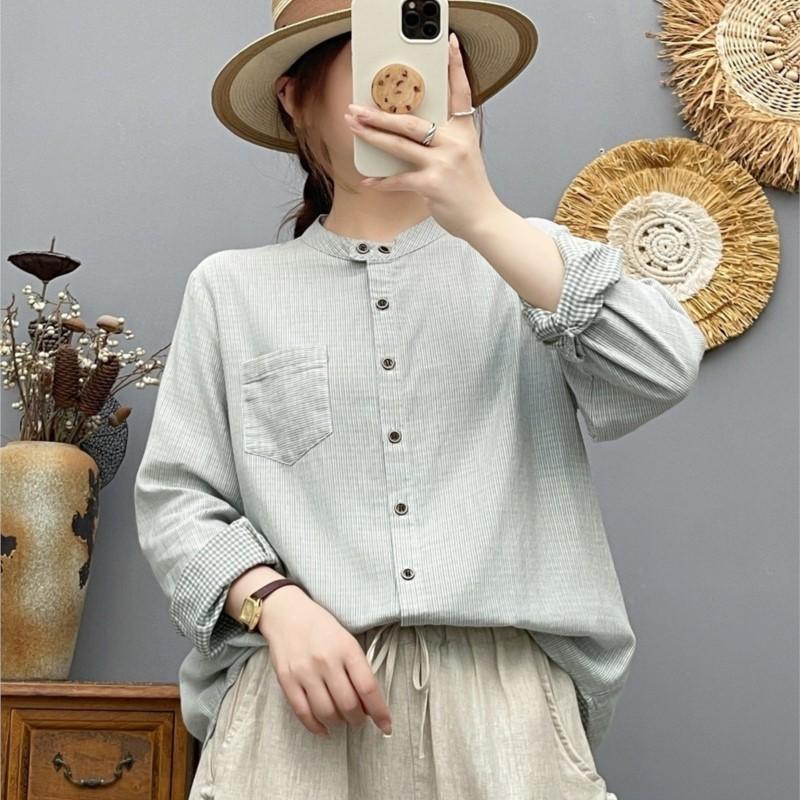 Women Striped Shirts Cotton Yarn Soft Blouses Long Sleeve Stand Collar Office Lady Tops Autumn Female Clothes
