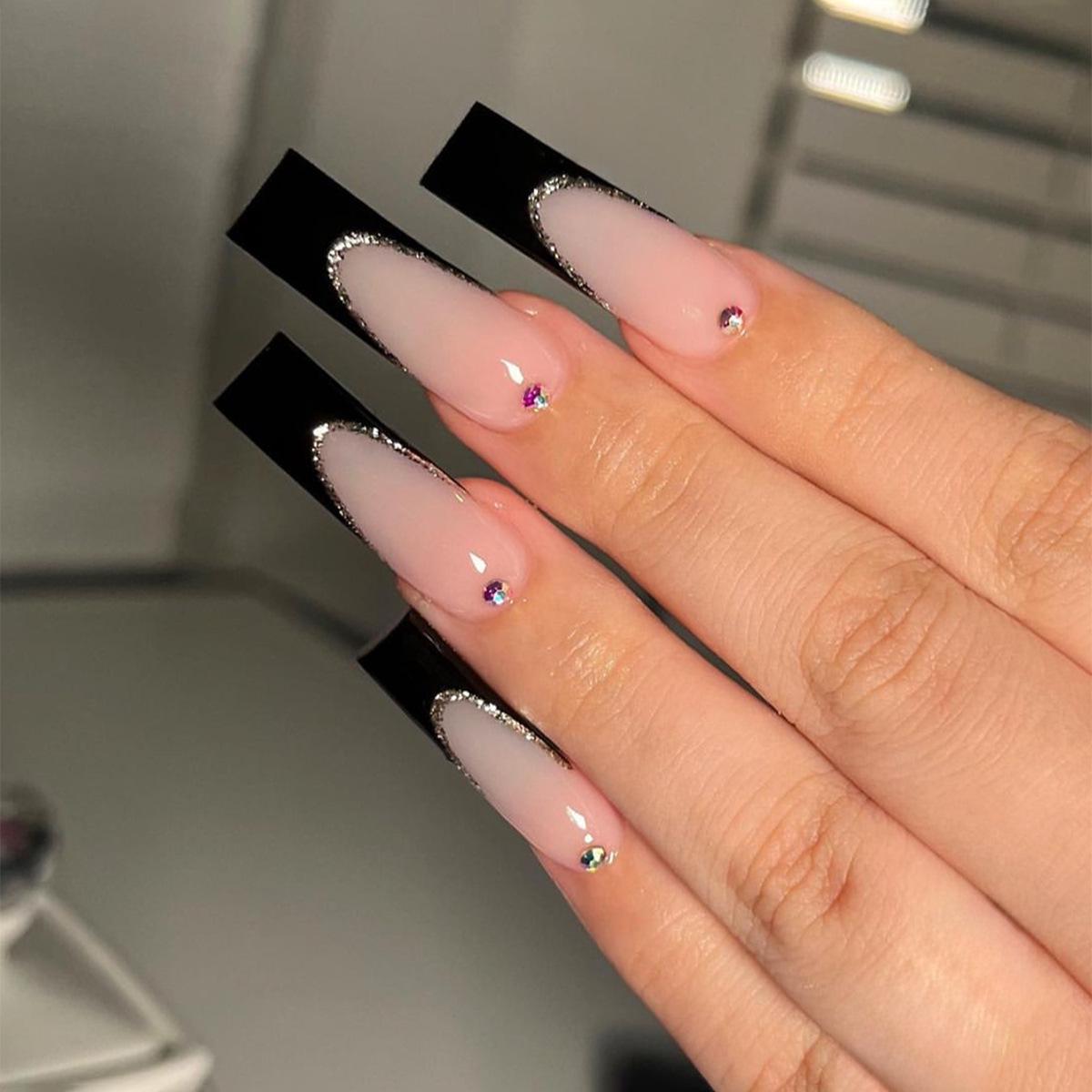 

French-Inspired Wearable False Nails with Rhinestone Glitter, Removable Fastening