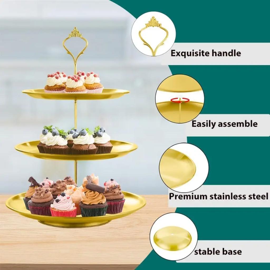 Goldener 3-stöckiger Dessert-Kuchenständer 27x27cm, Eleganter Servier-Display-Turm für Feiertagsparty-Treffen, Halter für Kuchen und Snacks