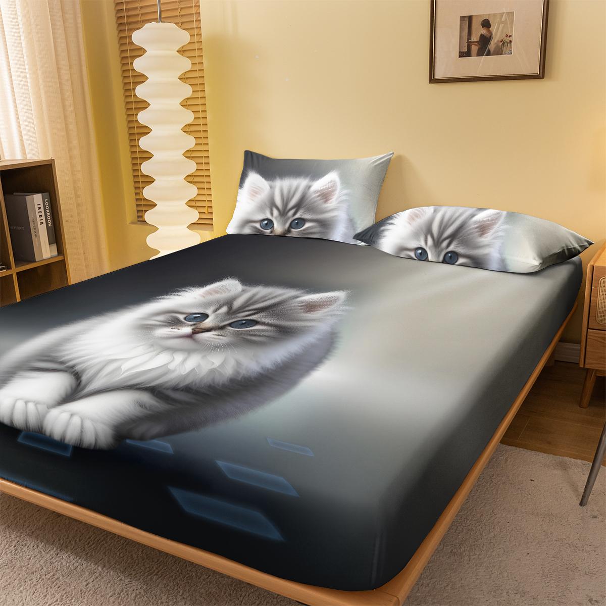 

1 Cartoon Cute Animal Cat Digital Printed Frosted Fitted Sheet,bedroom Printed Bed Cover,bedding(No Pillowcase) 71x132cm