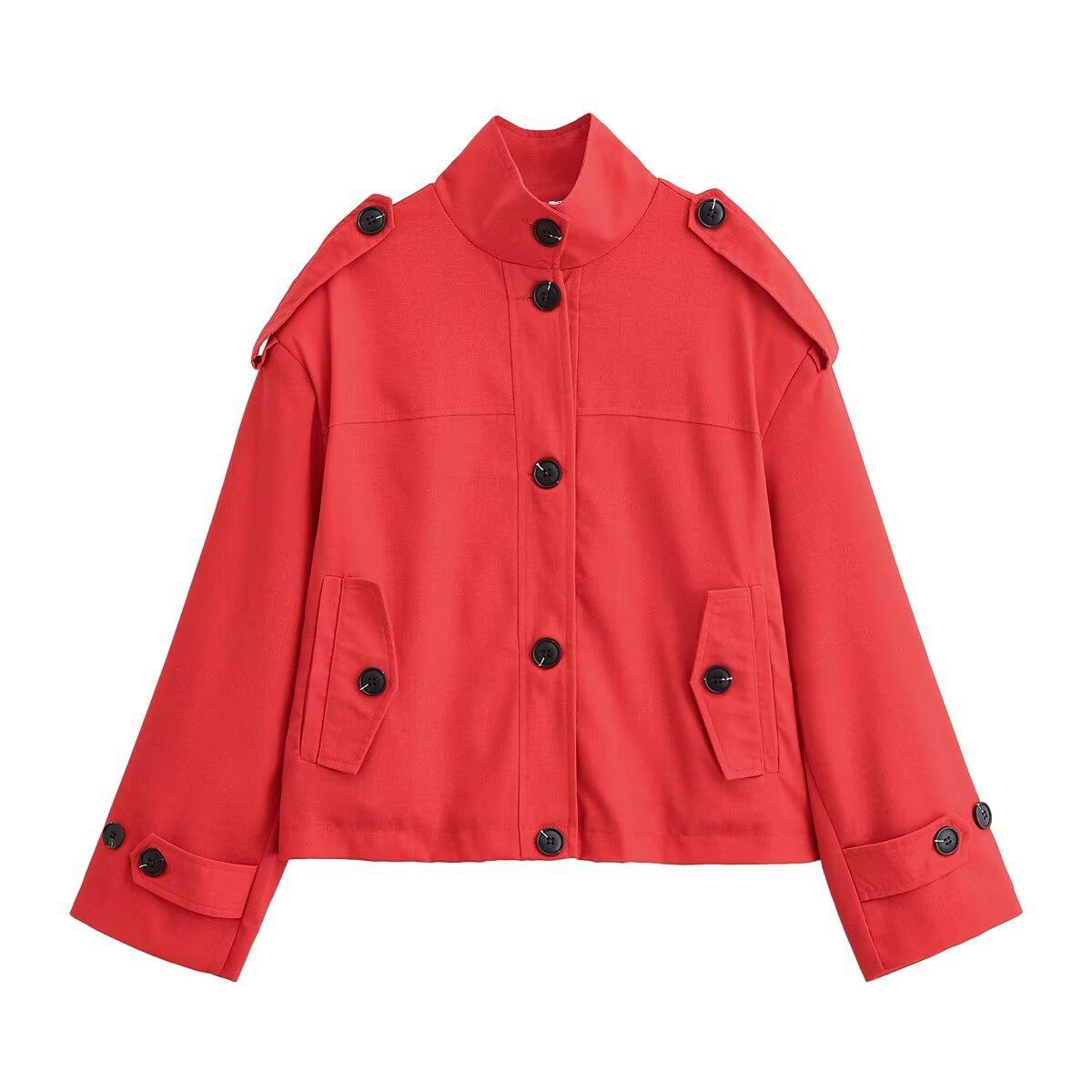 European and American women s clothing popular fashion stand-up collar single-breasted short jacket XS красный
