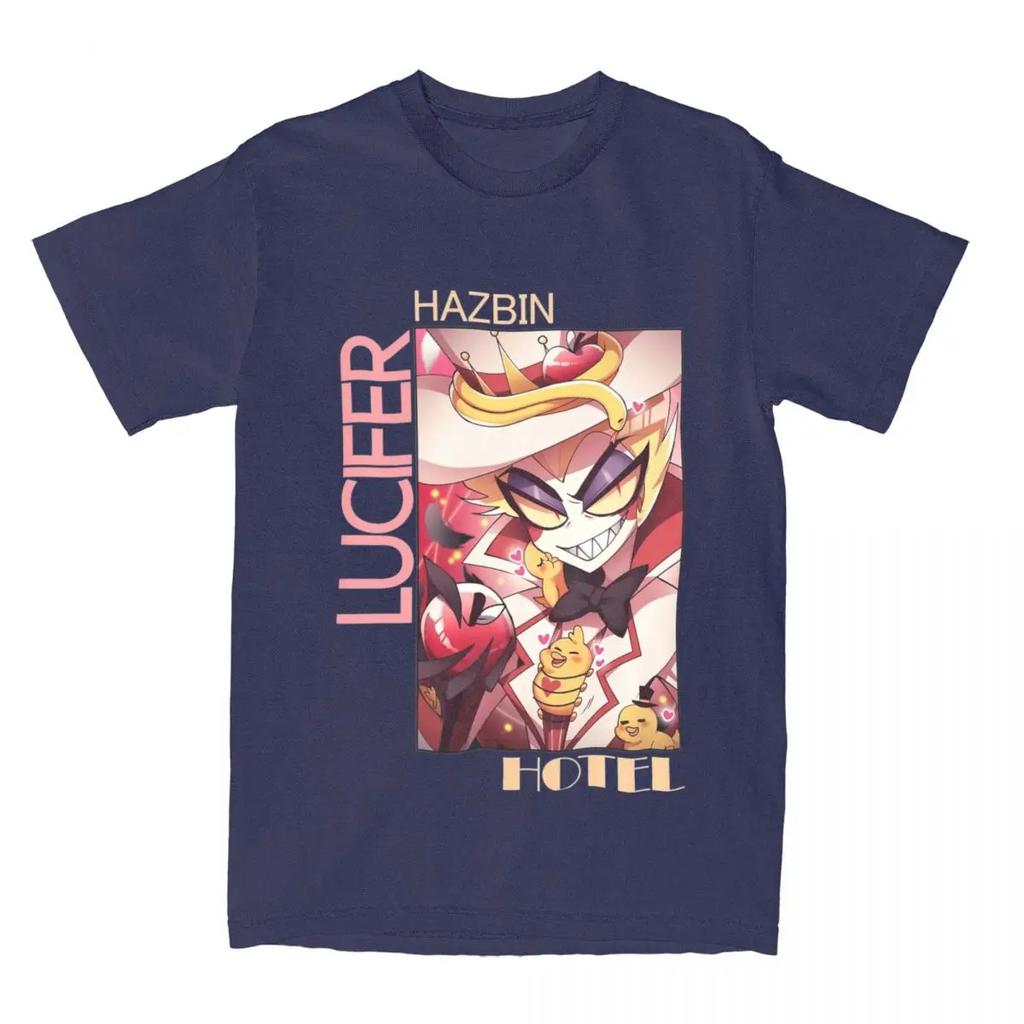 Humorous Hazbins Hotels Lucifer Kawaii T-Shirts Men Crew Neck 100% Cotton T Shirts Short Sleeve Tees Unique Tops
