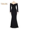 Lady Evening Dress V Neck Off Shoulder Side Slit Floor Length Long Sleeves Pleated Slim Fit Maxi Dress Ball Gown Banquet Party Dress