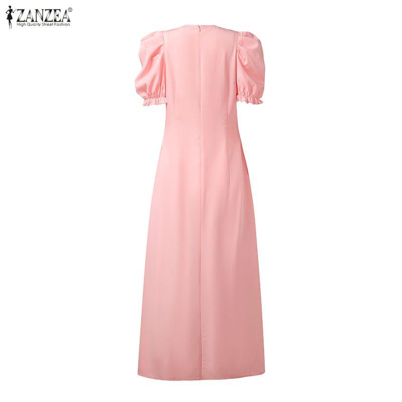 ZANZEA Women Casual V-neck Puff Short Sleeve Summer Long Dress