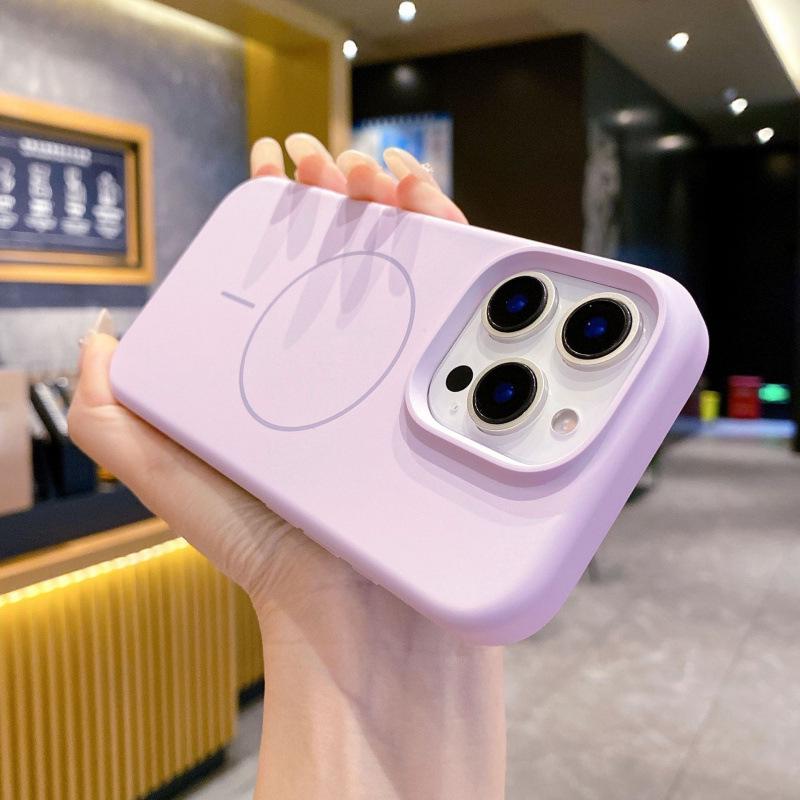 Liquid Silicone Magnetic Apple 16 Pro Max Phone Case with Fine Ring - Solid Color, Simple Protective Cover