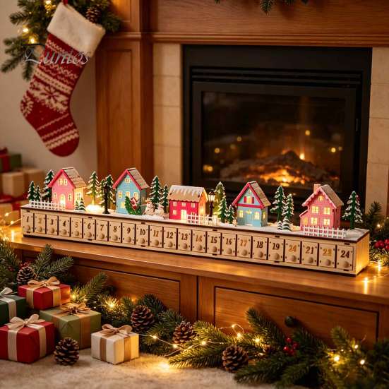 Holiday Countdown Calendar with Drawers Light-Up Wooden Christmas Village Advent Calendar, 24 Illuminated Snowy Cabin Display LED Lighted Scene