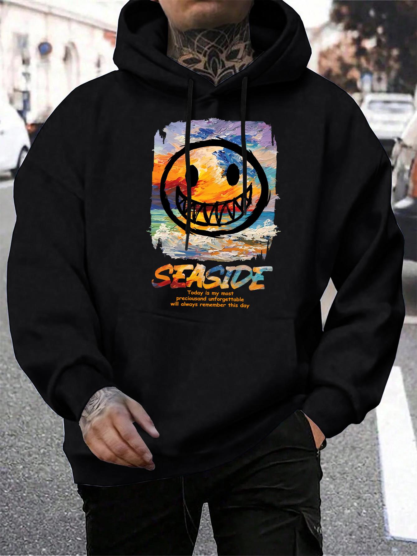 

Colorful Waves Seaside Graffiti Print Men Hoodie Autumn Pocket Streetwear Loose Fleece Pullover Multicolor All-Match Male Hoody 3XL