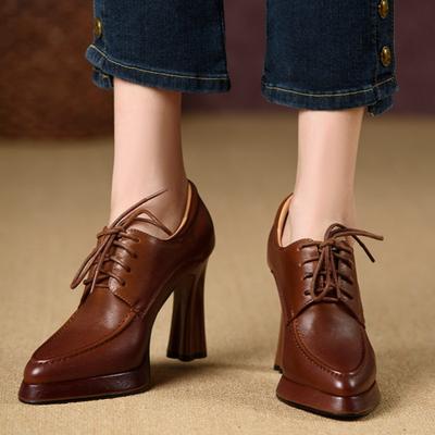 Damen High Heels Frühling Neu Spitzschuh Tiefes Dekolleté Schnürung vorne Dicke Sohle Rutschfest Abriebfest Einzelne Schuhe