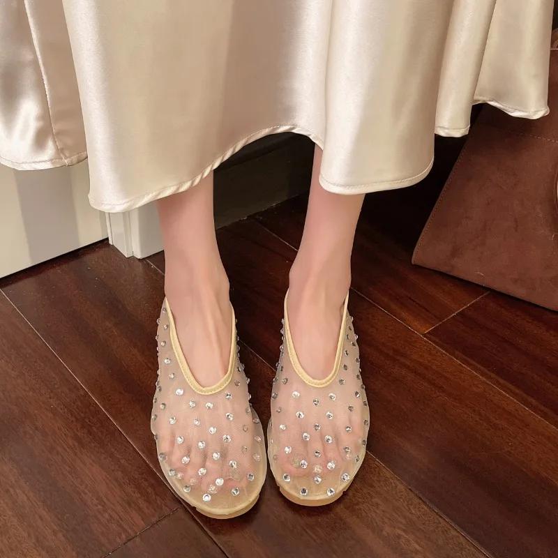 Women's Flat Shoes Mesh-edge Upper Rhinestones Soft Soles Shoes Women Dress Breathable Fairy Style One Kick Zapatillas De Mujer