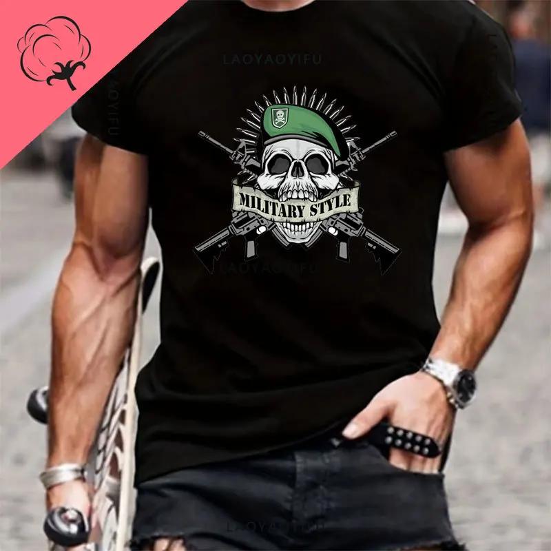 Do Valhally Bavlněné tričko Americký vousatý válečník Taktická lebka Unisex tričko Krátký rukáv Kulatý výstřih Tričko Ležérní pánský top