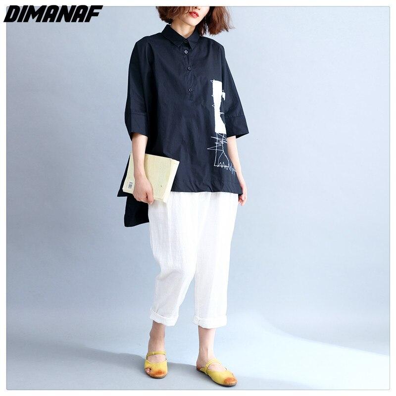 DIMANAF Dameskleding Casual Dames Shirts Blouse Zwart Oversize Print Tops Tuniek Katoenen Losse Knoop T-shirt 2024 Lente Zomer