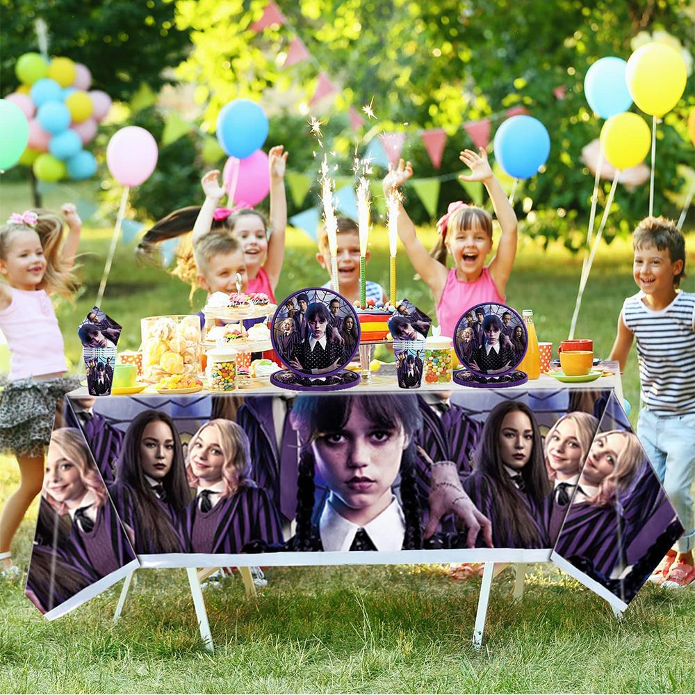 Wednesday Addams Birthday Party Tableware Include Tablecloth, Napkins, and Paper Cups