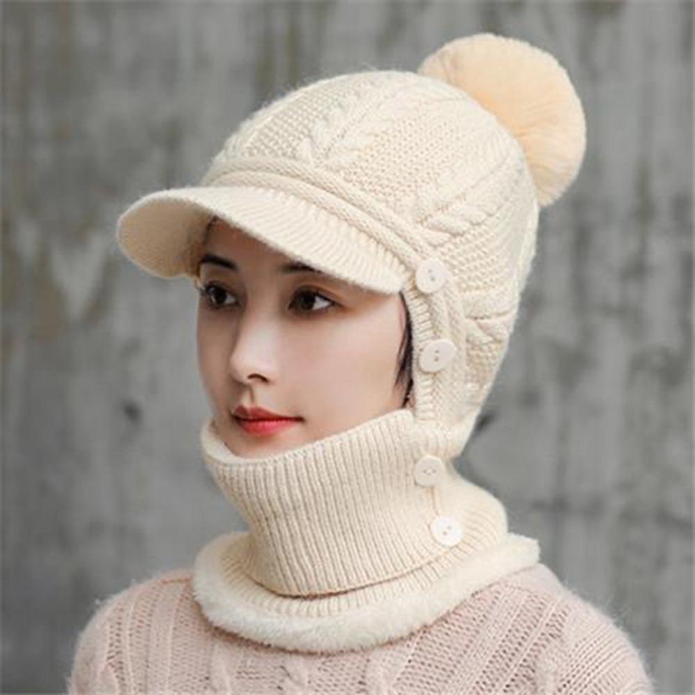 

Face Mask Scarf Hat Set Woolen Knitted Hat Korean Style Hooded Thermal Cap Winter бежевий